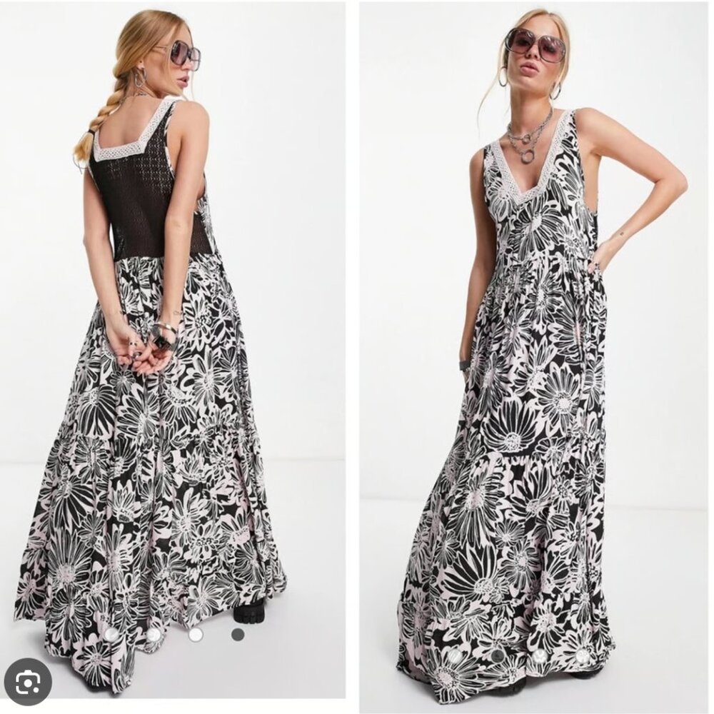 Intimately Free People Black Pink Tiers For You Slip Maxi Dress Boho Size Medium